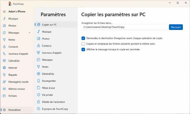 Options TouchCopy