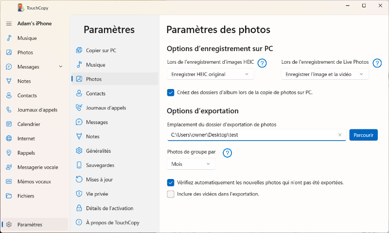Options Photos de TouchCopy