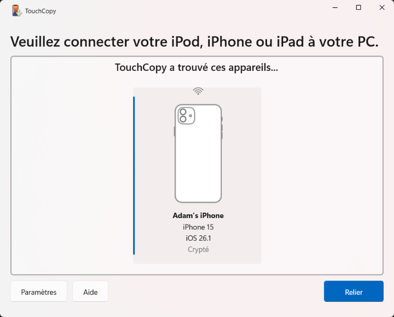 Connexion d’un appareil iOS à TouchCopy via Wi-Fi sur PC