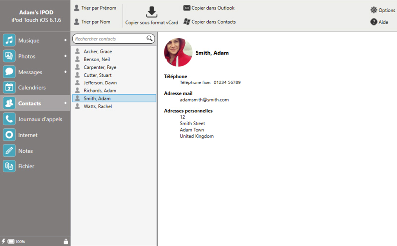 Contacts in TouchCopy